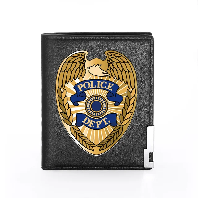 Fashion Security Officer Police Badge Printing Men's Wallet  Leather Purse For Men Credit Card Holder Short Male Slim Money Bags BG412-Black