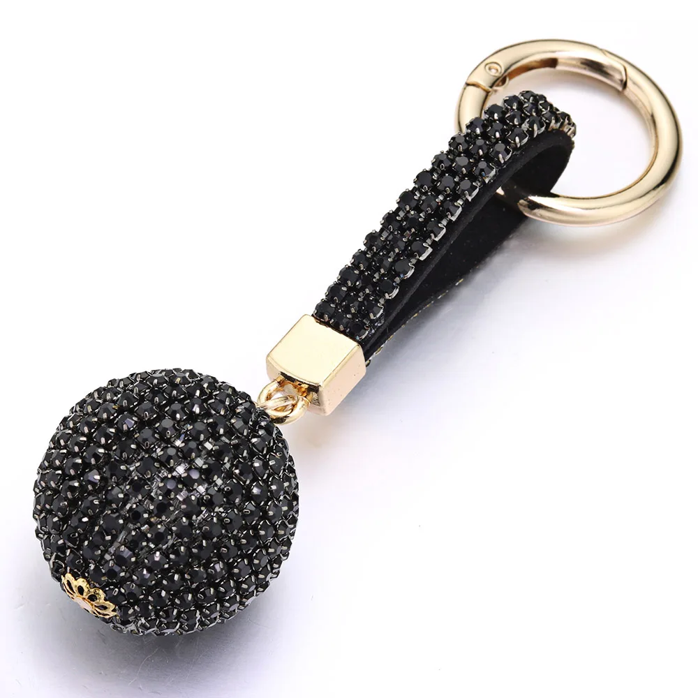 Полный шар кристалл брелок горный хрусталь кожаный ремешок высокого качества сумка кошелек сумка кулон кольцо для ключей с подвеской для автомобиля брелок K399 - Цвет: Black