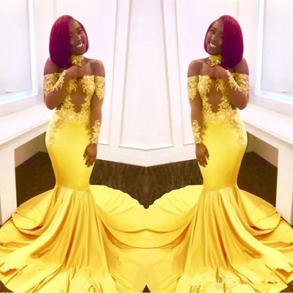 

Sexy Yellow Black Girls Mermaid Prom Dresses Lace Long Sleeves Backless Satin Floor Length Formal Party Wear Evening Gowns