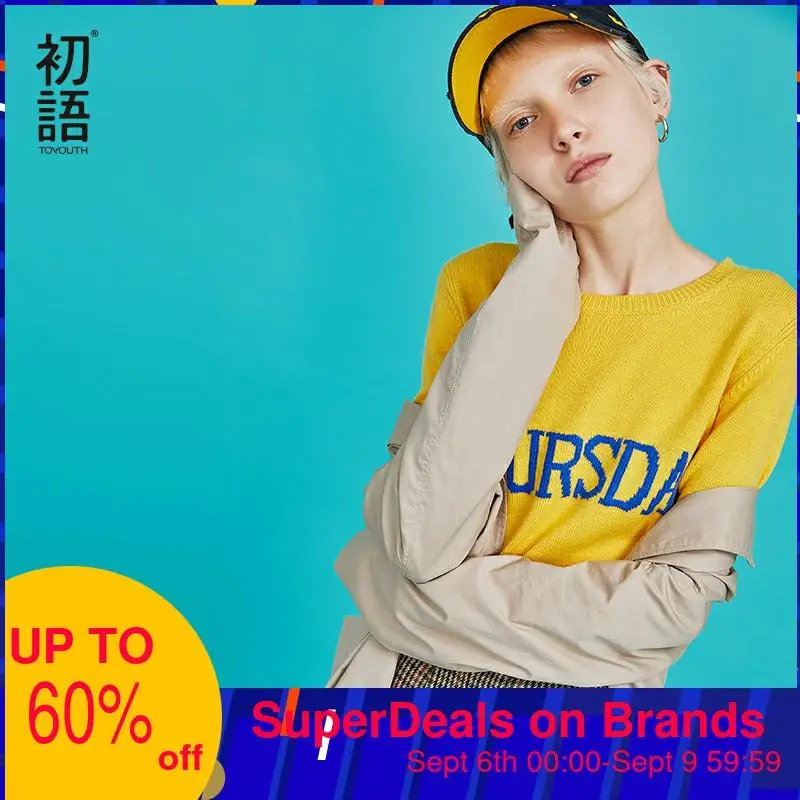 Toyouth New Autumn Lazy Letter Solid Knitted Sweater for Women Long Sleeve Round Neck Simple Brief Female Sweaters Pullover Tops | Женская