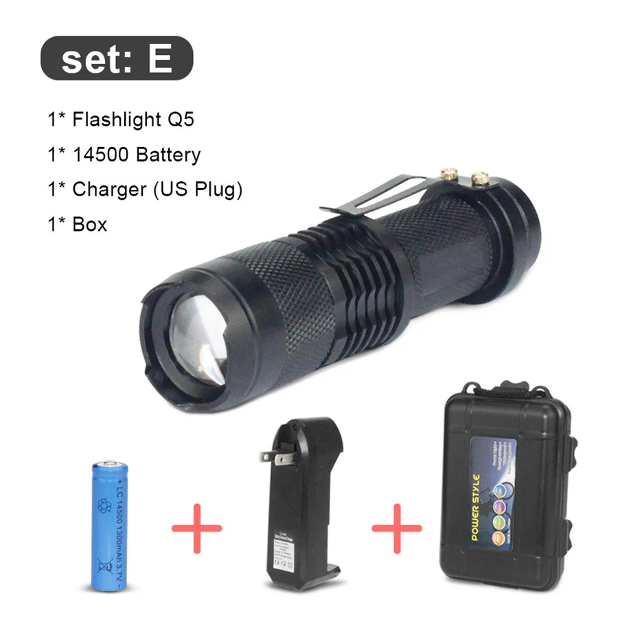 Focus Adjustable Mini Flashlights SK68 Q5 Tactical LED Flashlight Ultra Bright Handheld Torch 3 Light Modes for Camping Cycling - Испускаемый цвет: With Battery US Box