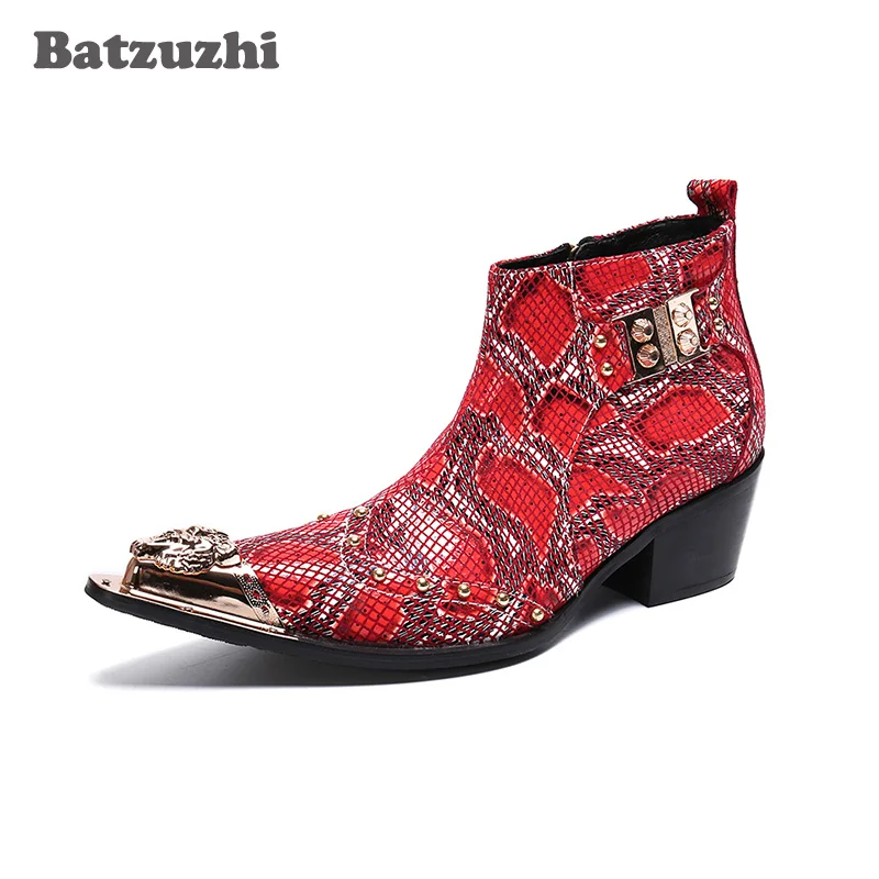 Batzuzhi 6.5cm Heels High Boots Men Formal Leather Ankle Dress Boots Gold Pointed Toe Red Party and Wedding Shoes Botas Hombre