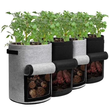 

Potato Planting Bag 10 Gallons, 4 Packs with Handles and Harvest Window for Potato Tomato Black and Gray