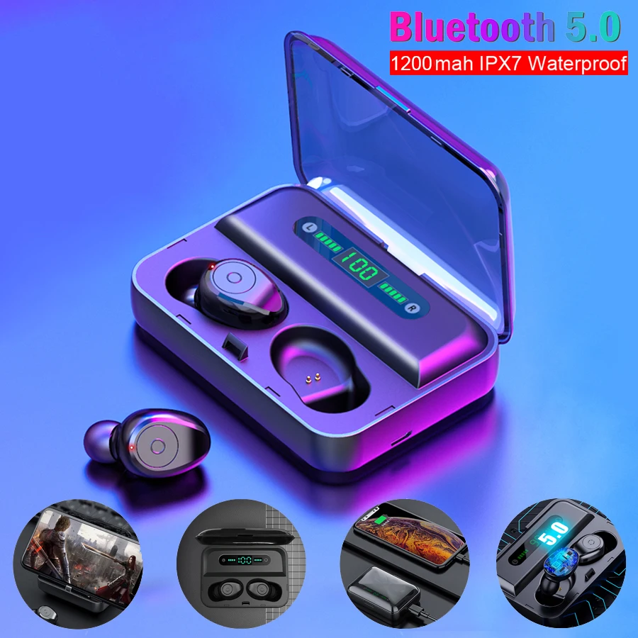 

TWS Bluetooth Earphones Waterproof Noise Cancelling Wireless Earbud with 1200mAh Charging Box LED Power Level Display