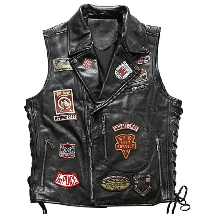 Chaleco de cuero para motorista y motocicleta para hombre, chaqueta sin mangas de piel de auténtica con diseño parche de insignia estilo Punk Rock|Chalecos| AliExpress