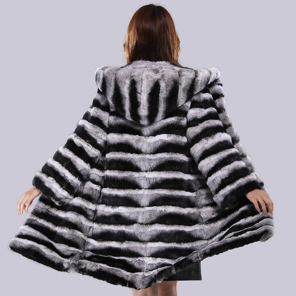 Luxury Brand women real rex rabbit fur coat chinchilla fur overcoat hooded long style striped winter thick fur jacket clothing