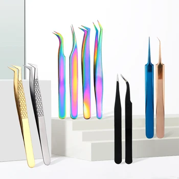 

TOP quality Stainless Steel Tweezers rainbow color Straight Bend ESD Multifunction eyelash tweezers for nail sewing DIY