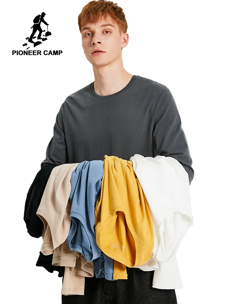 

Pioneer Camp 100% Cotton Long Sleeve T-Shirt Men Causal Yellow Blue Gray White Black Khaki Men's Solid Tshirts ACT901278
