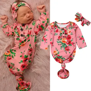 

Newborn Baby Girls Floral Swaddle Blanket Wrap Princess Cute Long Sleeve Baby Girls Sleeping Bags+Headbands 2Pcs Set 0-6M