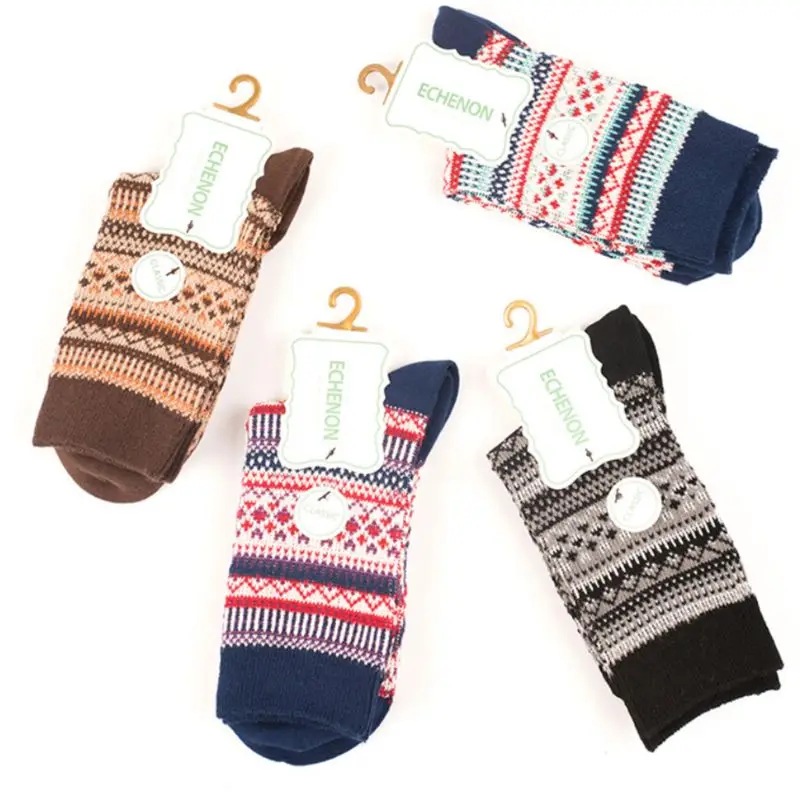 4 пары, Женские винтажные рождественские хлопковые носки, этнические зимние носки в полоску, K4UB