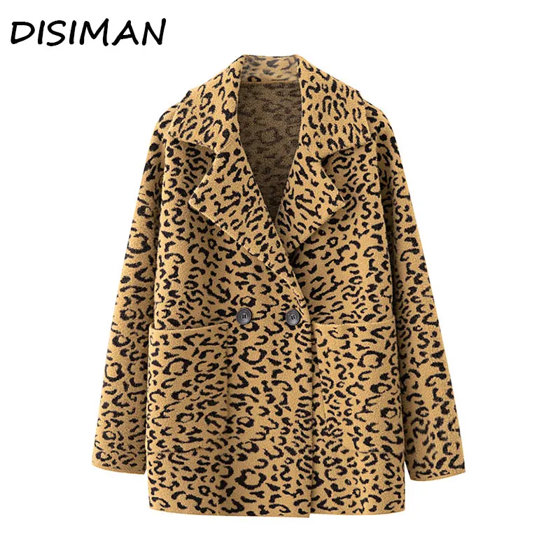 DISIAMAN plus size leopard coat faux fur jacket winter clothes women double-breasted knit chunky ladies sweaters long cardigan