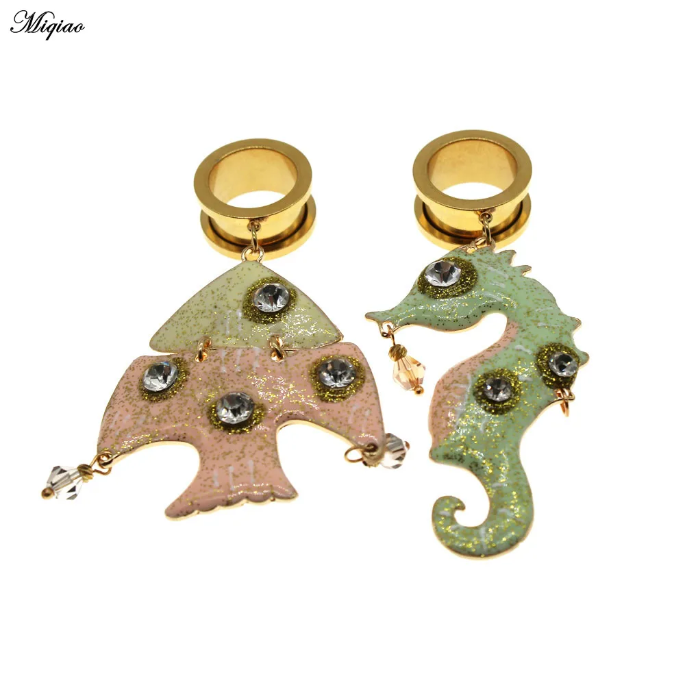 Miqiao 2pcs Body Piercing Jewelry Ear Gauges Plugs Tunnels Stainless Steel Seahorse Fish Asymmetric Earrings  Expander 6-25mm