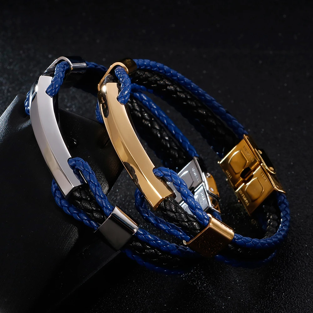Luxury Braided Three-tier Layer Blue Leather Bracelet Men Gold Color  Stainless Steel Adjustable Mens Charm Bracelets Bangles - AliExpress