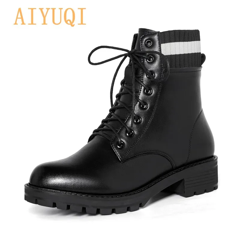 

AIYUQI Genuine Leather Martin Boots Women 2020 Sock Ankle Boots Ladies Wool Warm Large Size Lace Up Student Female Winter Boots