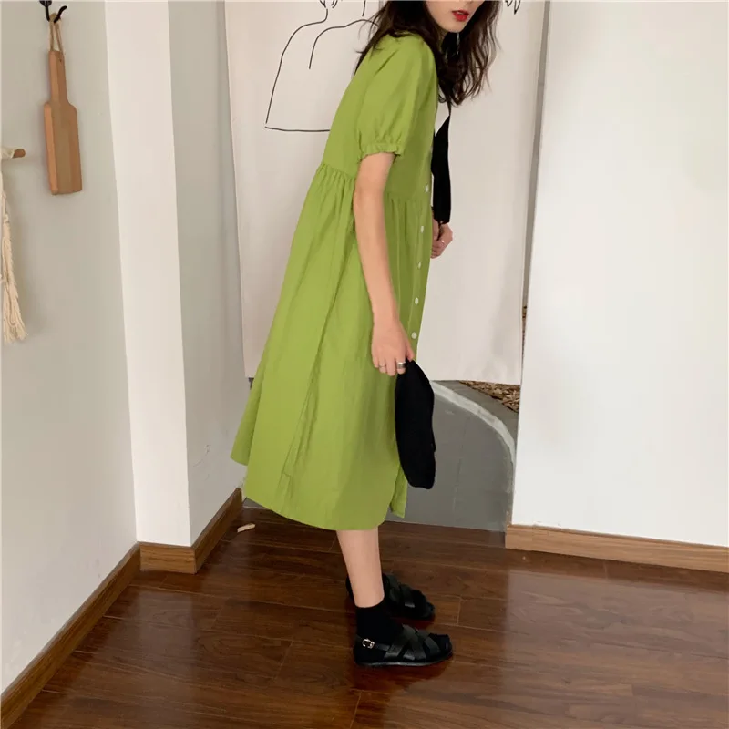 Однотонное женское платье на пуговицах весна лето миди с коротким рукавом Boho Макси платья ТРАПЕЦИЕВИДНОЕ свободное платье