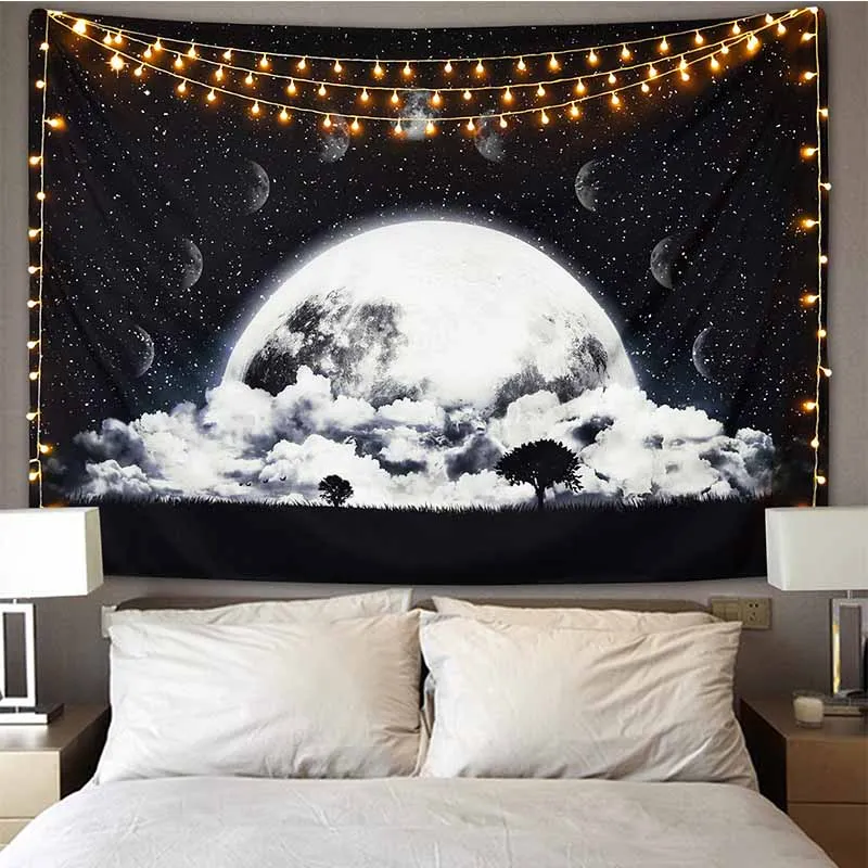 Natural Moon Star Series Space Tapestry Wall Hanging Black White Hippie Tapestry Wall Carpet Thin DormDecor Psychedelic Tapestry