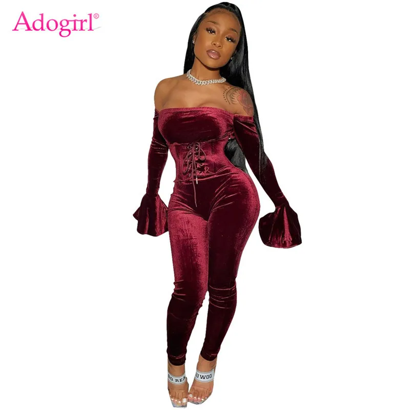 burgundy jumpsuit Adogirl женский сексуальный вельветовый комбинезон с люверсами на шнуровке, жилет с вырезом лодочкой и открытыми плечами, Длинный Облегающий комбинезон с расклешенными рукавами - Цвет: burgundy jumpsuit