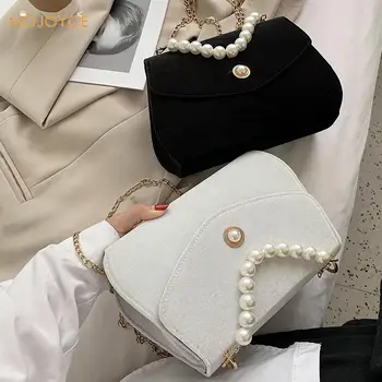 

Elegant Plush Leather Chain Crossbody Bags for Women Girl Pearl Handle Shoulder Handbags Flap Money Purse Party Wristlet