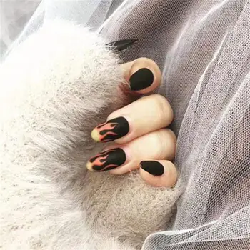 

24pc/set Punk Flame Pattern Fake Nails Short Round Head Full Cover Nails Black Matte Design Fashion Finished Nail Art