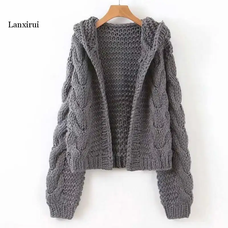 Chic Hooded Cross Twist Flowers Hooked Sweater