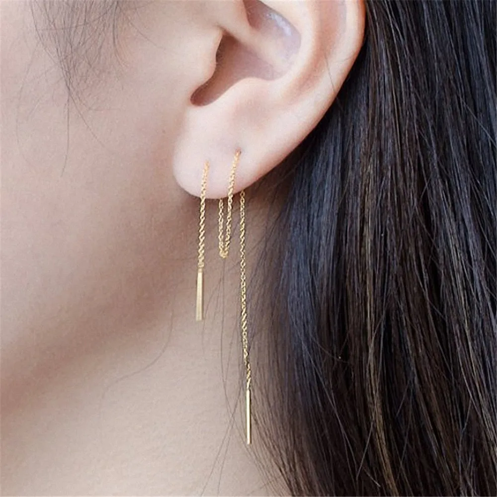 Silvery Rose Gold Color Long Tassel Earrings 8cm Chain Double Needle Ear Line Hanging 2021 Trend For Women | Украшения и