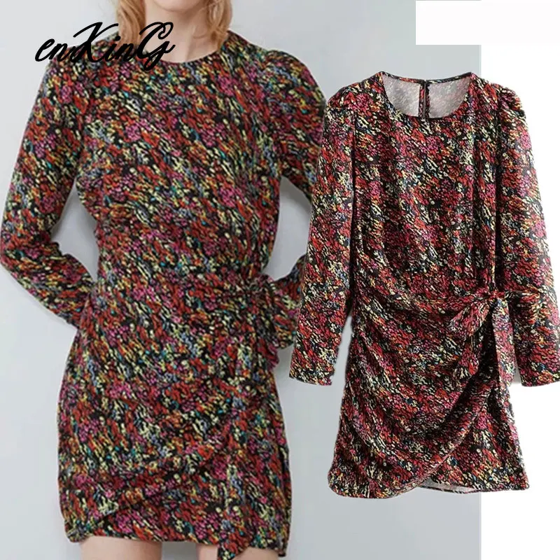 

2019 england elegant Doodling printing o-neck party dress women sashes bow vestidos de fiesta de noche vestidos mini dress