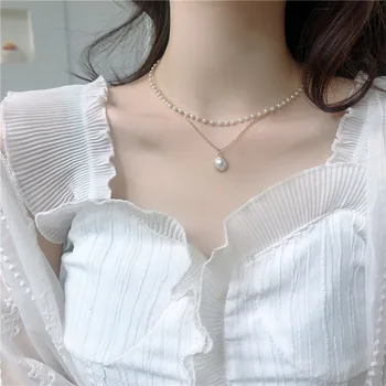 

TSHOU390 Round Pearl Pendant Necklace Double Clavicle Chain All-match Necklace necklaces for women