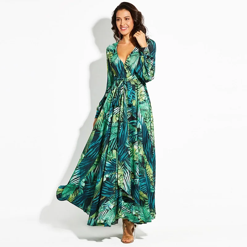 AECU Vestido Floral Print Boho Maxi Dress Sexy Lady Bohemian Autumn Long Dress Women Beach Dresses Female Robes party dresses