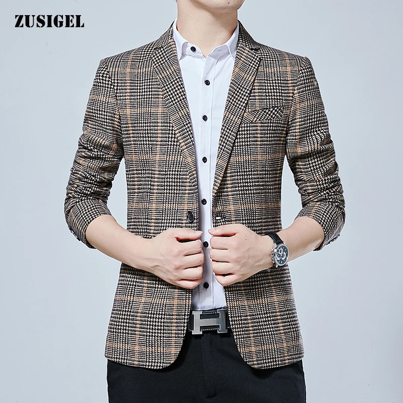 

ZUSIGEL 2019 New Autumn Winter Smart Casual Men Blazer Slim Fit Plaid Polyester Single Button Mens Blazer Suit Jacket