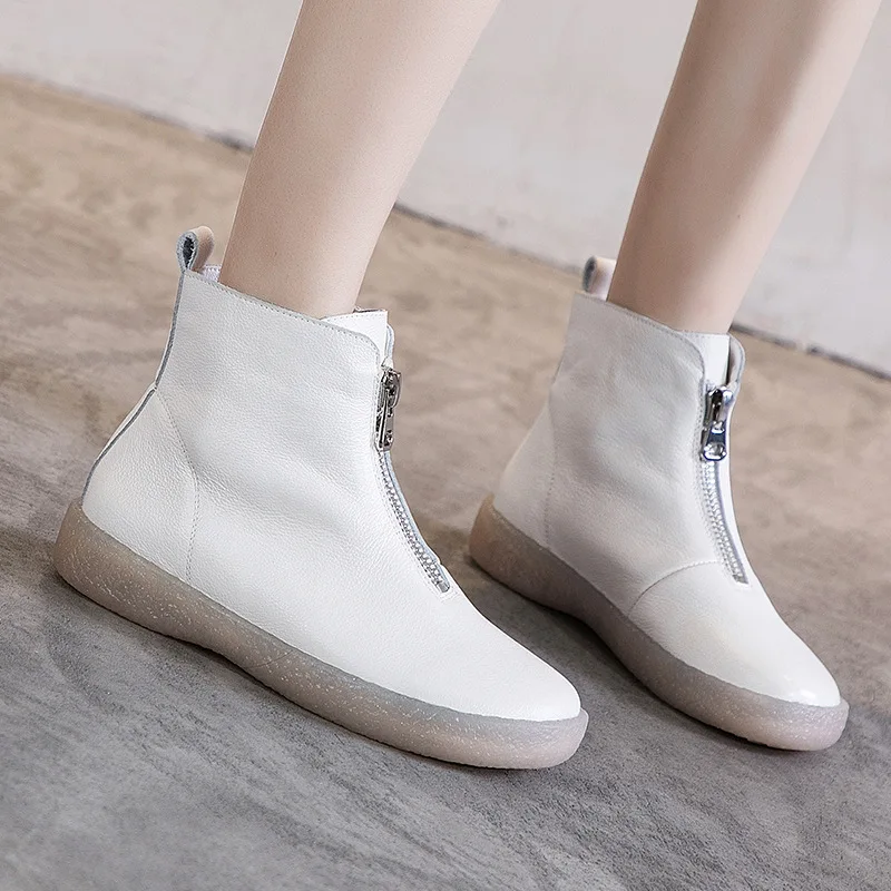 PEIPAH Autumn/Winter Women's Genuine Leather Shoes Woman Ankle Boots Female Retro Shoes Ladies Flat With Zip Bootee Woman