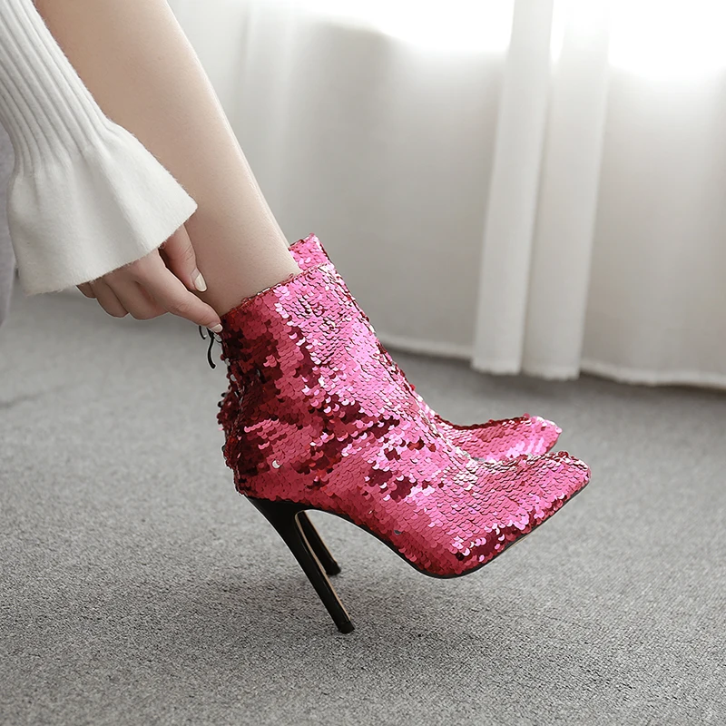 

2019 Winter New Hot Fashion Sequined Decorative Stiletto High-heeled Ankle Boots Pointed Catwalk And Ankle Shiny Women Boots