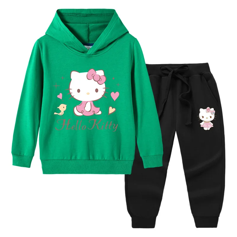 thumbnail image 1 of Hello Kitty-suéter con capucha y cuello alto para niños, pantalones de dos piezas con dibujos animados para niño, traje deportivo informal de manga larga de algodón puro, 1 of 5