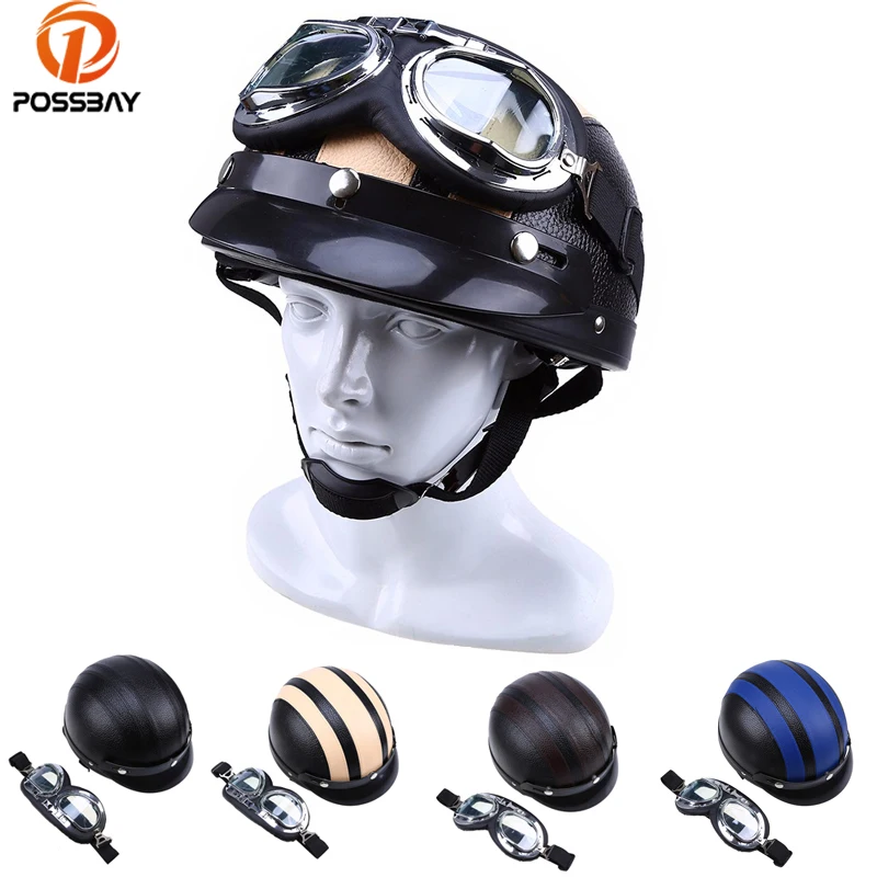 Possbay Vintage Motorcycle Helmet Half Face Leather Helmets Uv Protect