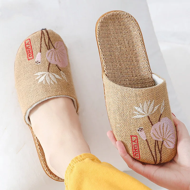 

Suihyung Multi-style Flax Slippers Women Men Indoor Shoes Embroidered Floral Bowknot Female Casual Slides Ladies Linen Flip Flop