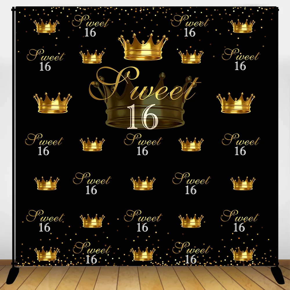 MOCSICKA Sweet 16th Birthday Backdrop Step and Repeat Gold Crown Photo Booth Background Glitter Black Backdrops | Электроника