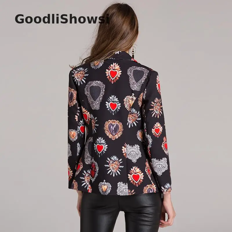 GoodliShowsi Новое поступление женские шикарные куртки с принтом Топ с зубчатым отворотом однобортные приталенные куртки с длинным рукавом