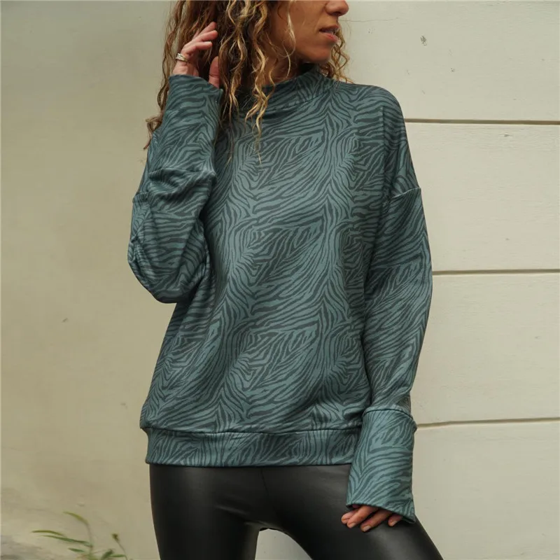 

2020 Women T-Shirt Zebra Print Tops Tees Spring Casual Knitted Stand Collar Long Sleeve Ladies Top Blusa