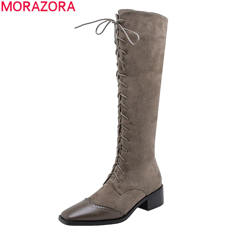 MORAZORA/; Лидер продаж; модные сапоги до колена из натуральной кожи на шнуровке; теплые зимние женские сапоги на низком каблуке с квадратным носком