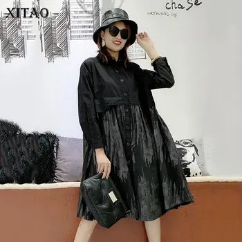 

XITAO Black Dresses Loose Plus Size Printing Dress Women Single Breasted Long Sleeve Spring 2020 Women Clothes Fashion XJ3272