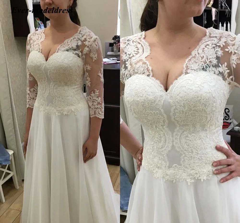 

Plus Size Wedding Dresses with Sleeves Lace Appliques Button Back A-Line Beach Bridal Gowns Bride Dress Robe De Mariee Cheap