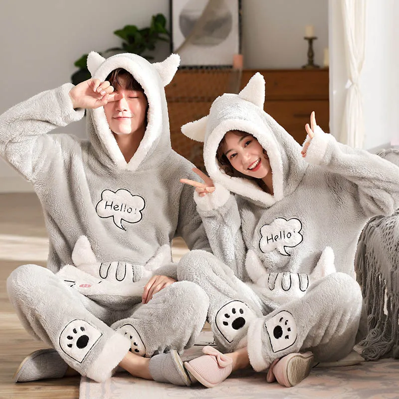 Unisex Adult Couple Pajamas Winter Thickening Female Pajamas Warm Hooded Sleepwear Long Sleeve Cute Cartoon Home Clothes Pyjamas