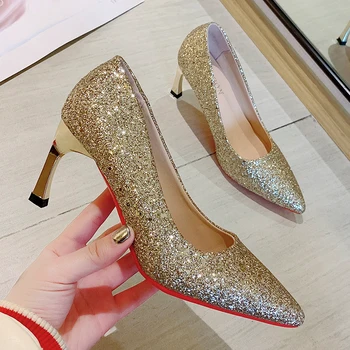

Bling Bling Wind Women's Shoes High With Shallow Mouth Sharp Paillette Sexy High-heeled Shoes Single Shoe