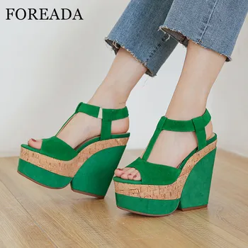 

FOREADA Women Sandals Natural Genuine Leather Platform Wedges High Heels shoes T-Strap Sheepskin Open Toe Sandals Female Summer