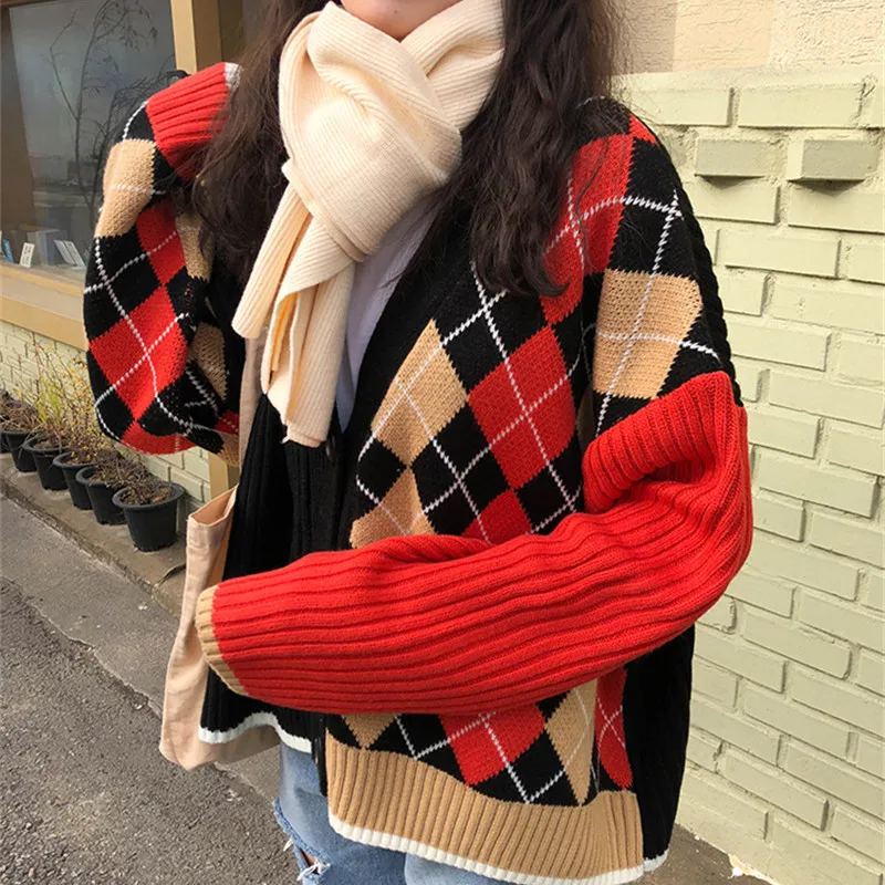 RUGOD, винтажные, модные, женские, рождественские кардиганы, пэчворк, Аргайл, в клетку, вязаный свитер, модный, женский, Повседневный, зимнее пальто