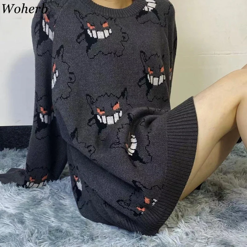 Woherb Anime Sweater Women Harajuku Pattern Pullover Loose Korean Style Autumn Winter Warm Knitted Jumper Woman Sweaters | Женская