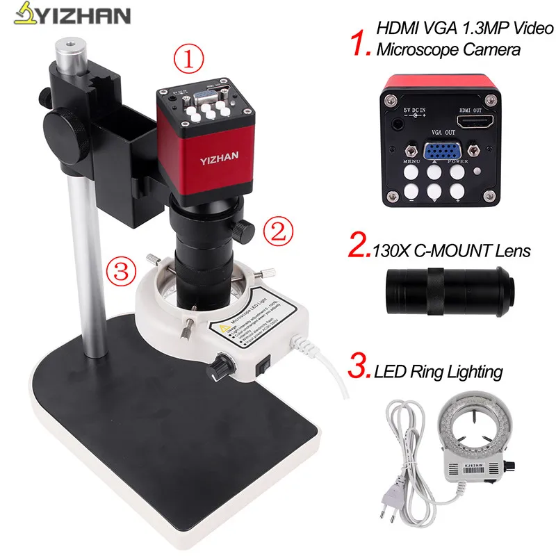 

Microscope sets HD 13MP 60F/S HDMI VGA Industrial Microscope Camera+130X C mount lens+56 LED Ring Light For Phone Chip Repair