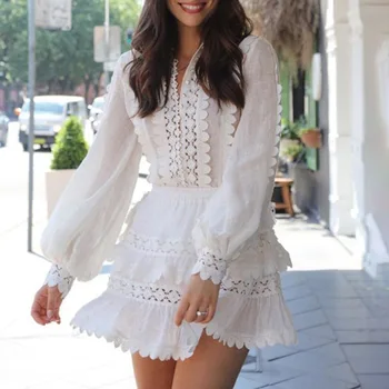 

2020 Summer Fashion Women Floral Pattern Hollow Out Elegant High Quality White Casual Ruffles Dress Brand Design Party Clothes