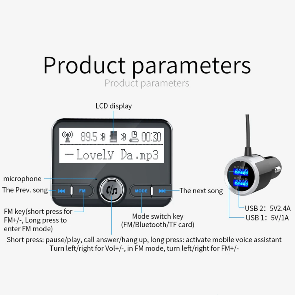 Музыка двойной аксессуары с USB подключением громкой связи Bluetooth гарнитура для Портативный FM передатчик стерео 12 V-24 V AUX Вход Зарядное устройство Bluetooth автомобильное радио 2,4 дюймов Экран