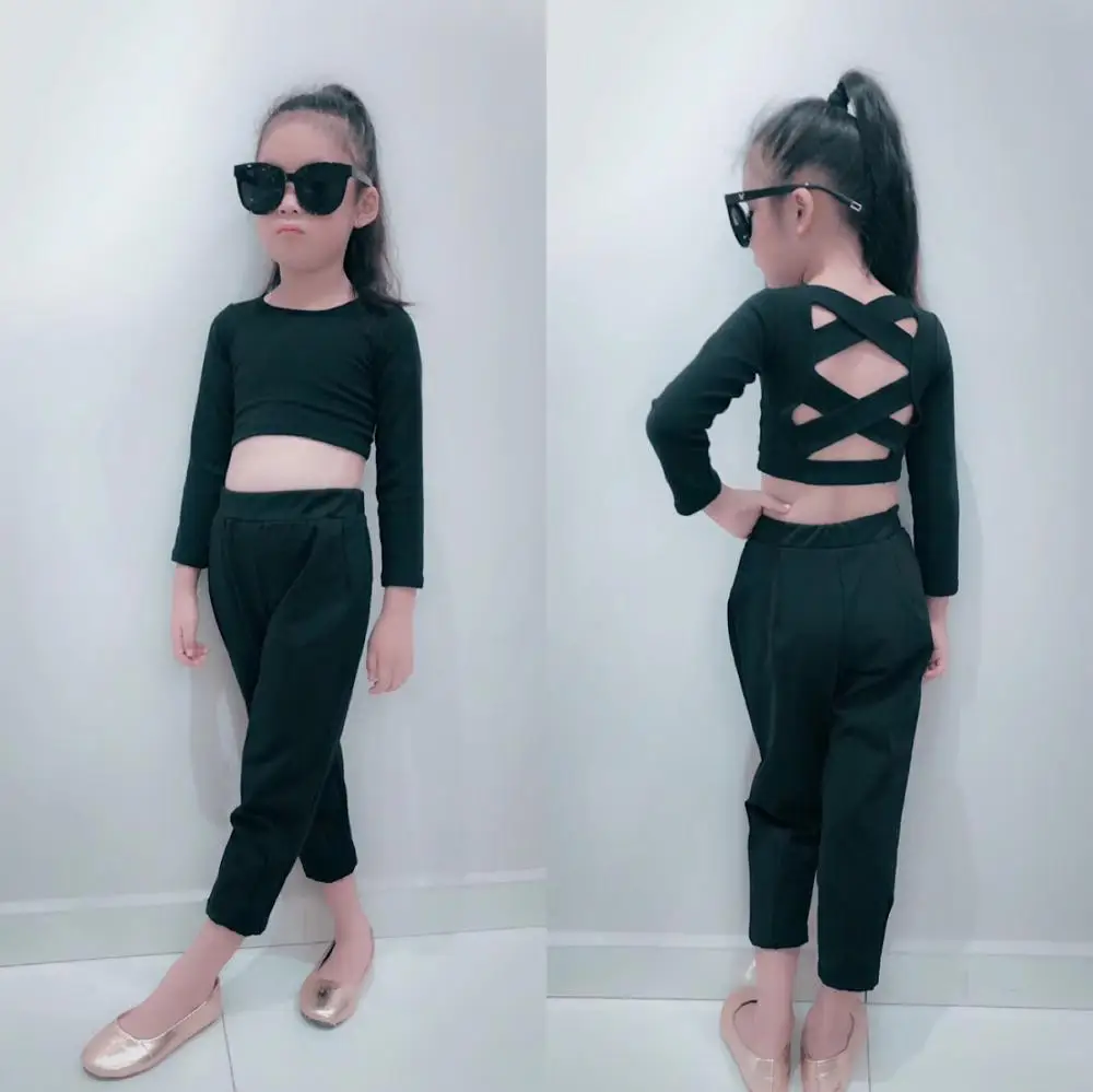 

Mother daughter clothes set solid black color backless tops & pants fashion girls clothing set