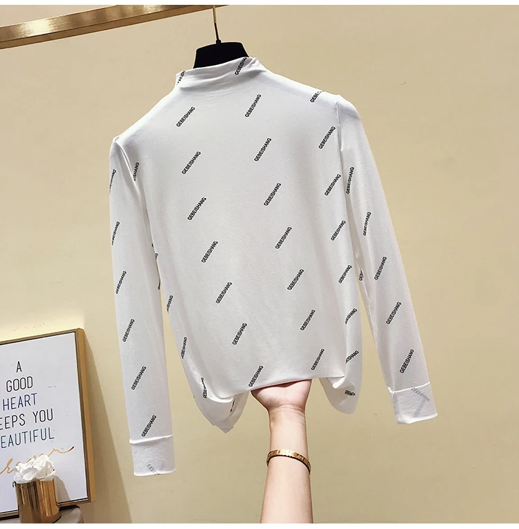 gkfnmt Women's Tshirt Letter Printing Long Sleeve Tops Basic Turtleneck T Shirts Autumn Winter Tee Shirt Femme White clothes